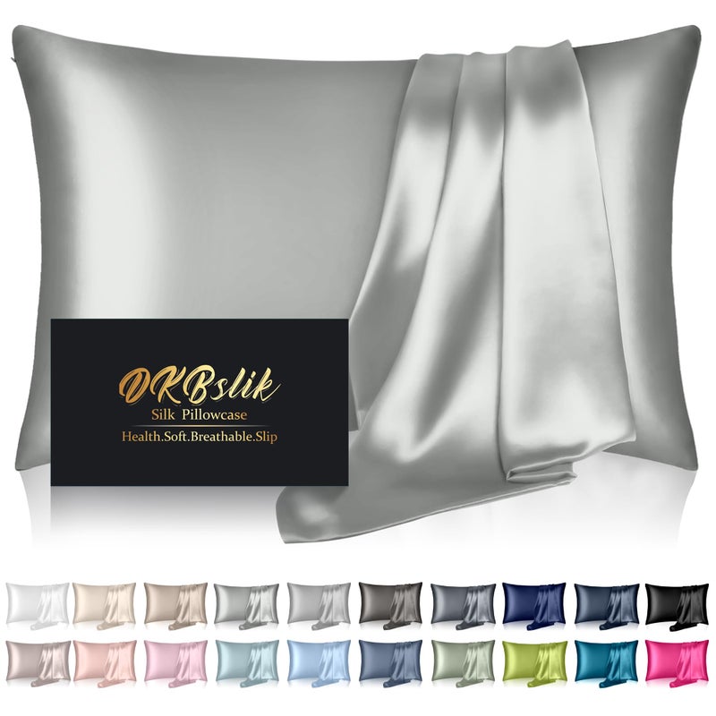 DKBslik Mulberry Silk Pillow Cases Queen Size  Silk Pillowcase for Hair and Skin  Both Sides Natural Silk Satin Pillowcase for Sleeping Women with Zipper  Gifts for Women Men  Silver Grey - Image 1